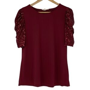 Above and Beyond Sequin Puff Short Sleeve Burgundy Silky Top Sz L